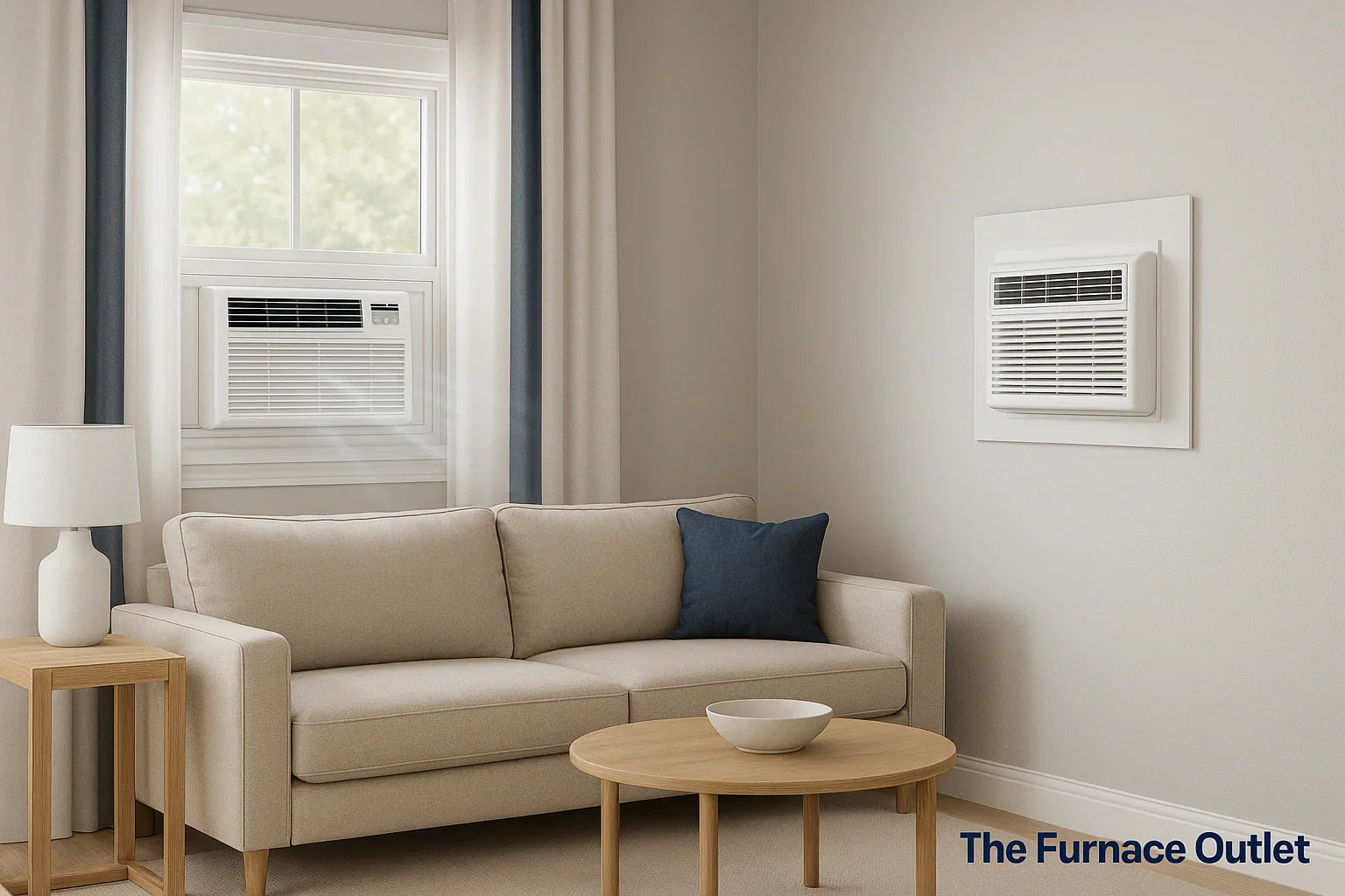 Living room comparison showing a window air conditioner on the left and a wall-mounted through-the-wall unit on the right, branded by The Furnace Outlet.