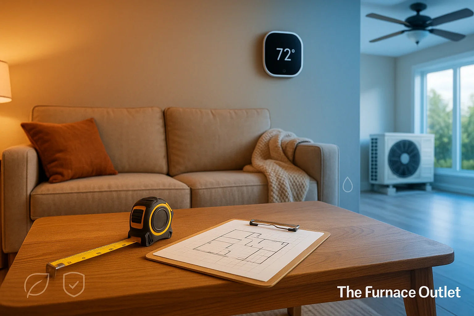 Living room split warmcool with smart thermostat at 72°F, tape measure and floor-plan sketch on table, and outdoor heat pump—signaling accurate HVAC sizing and efficient comfort.