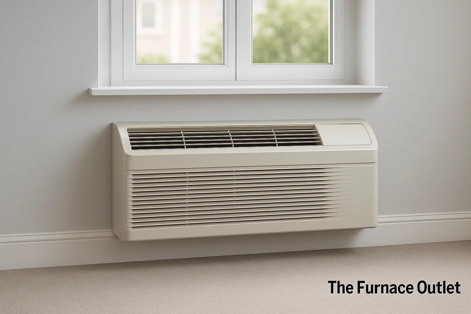 Low-profile PTAC unit beneath a window in a modern home interior, blending seamlessly with white trim and soft neutral walls.