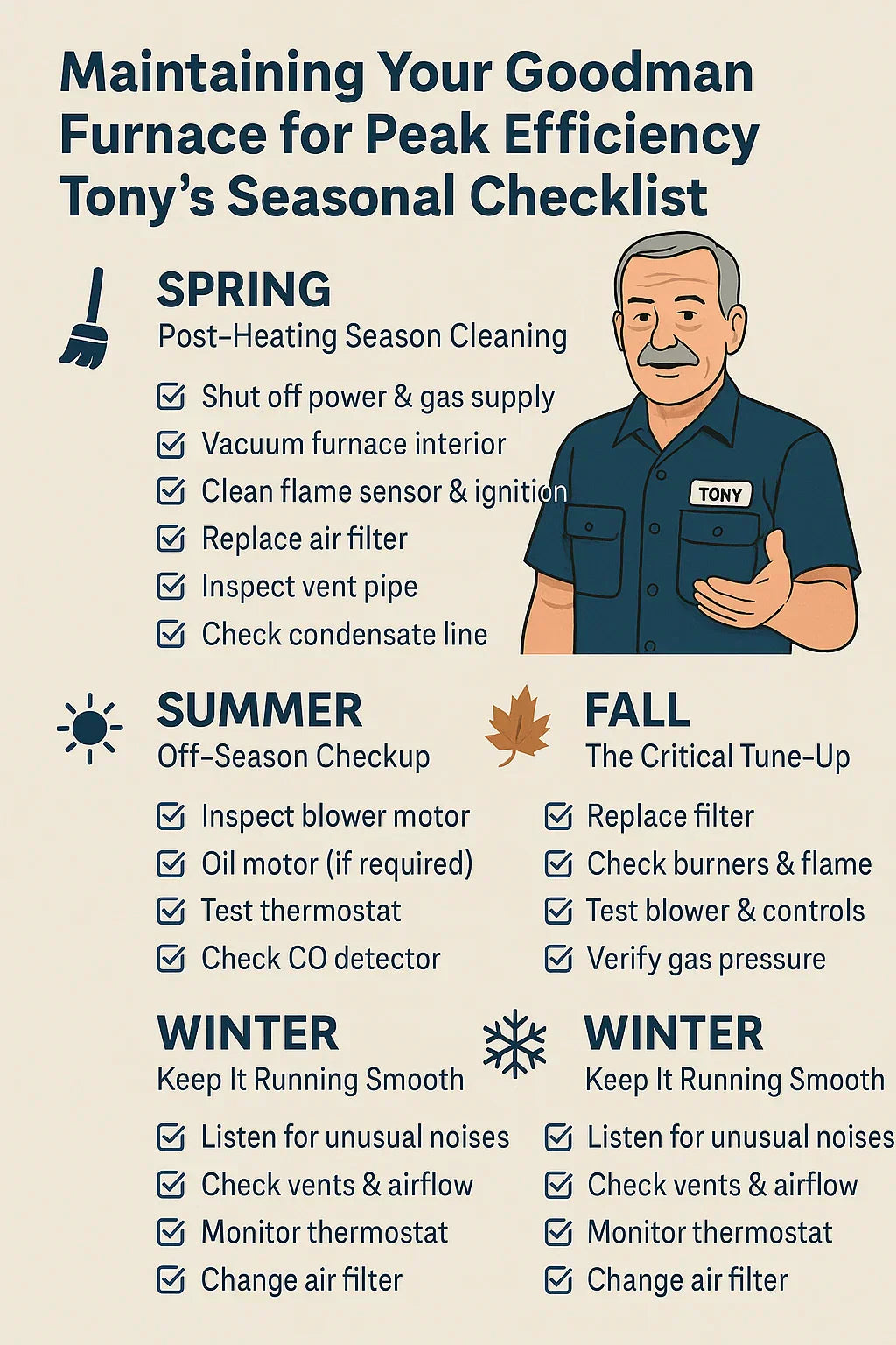 Maintaining Your Goodman Furnace for Peak Efficiency: Tony’s Seasonal Checklist