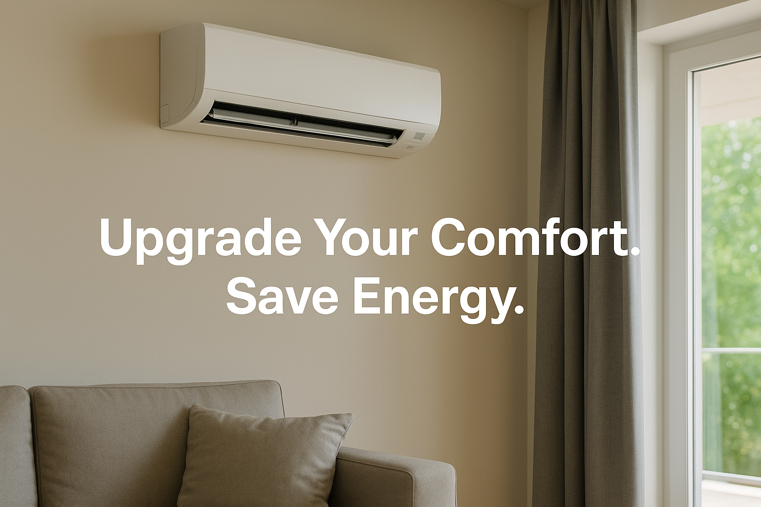 A modern wall-mounted mini-split air conditioner in a bright living room with a light beige wall, gray curtain, and soft natural light from a large window, highlighting a quiet and energy-efficient interior setting.