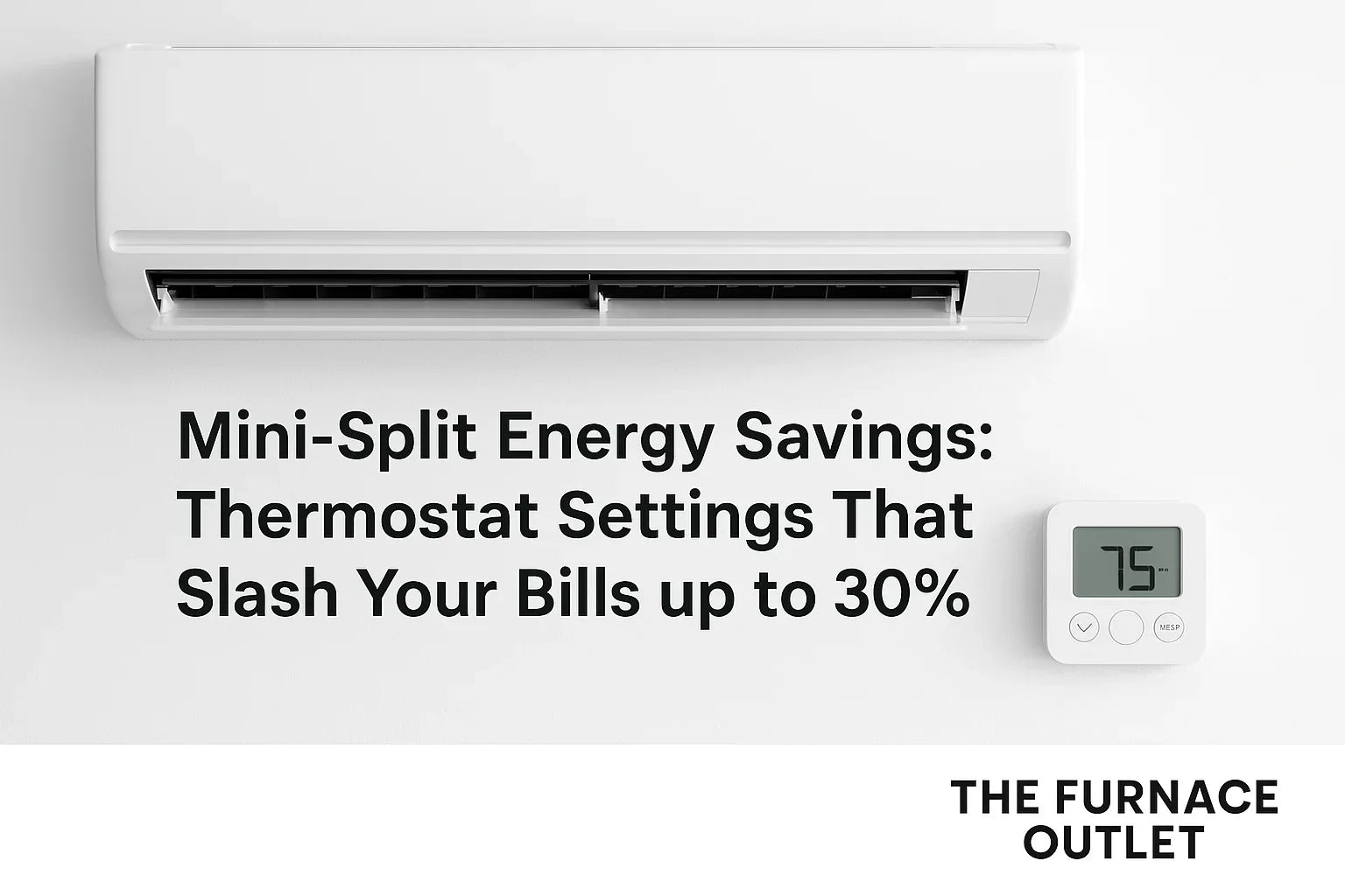Mini-split AC unit and smart thermostat display energy-saving settings in a modern home with The Furnace Outlet branding.