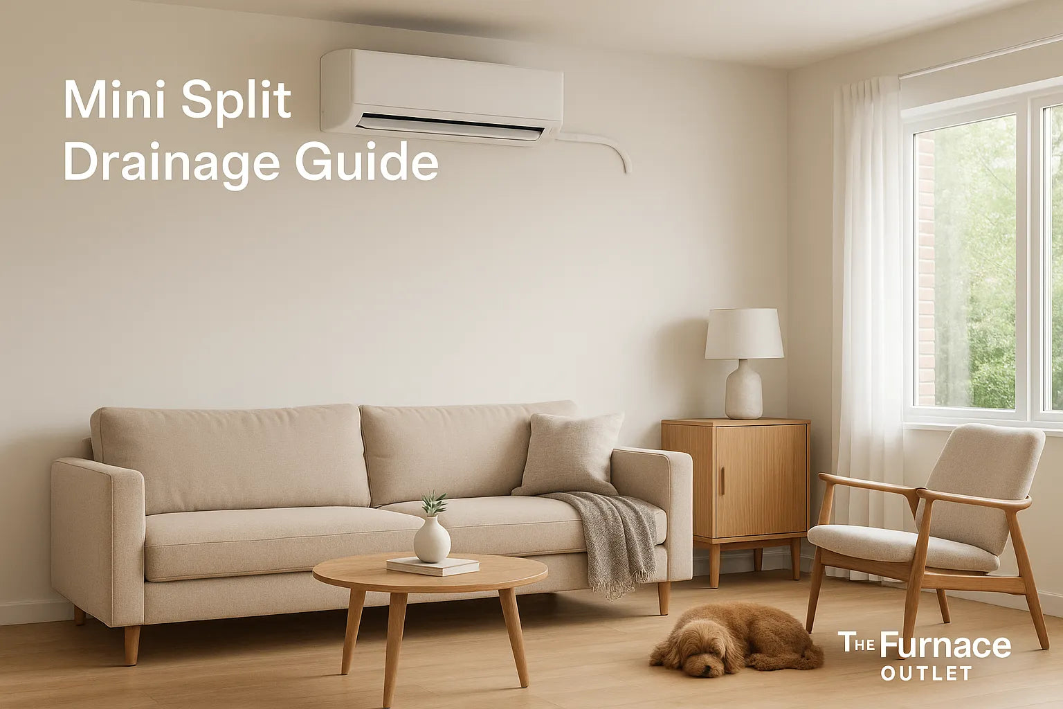 Modern living room with ductless mini-split HVAC system showing clean drainage setup.