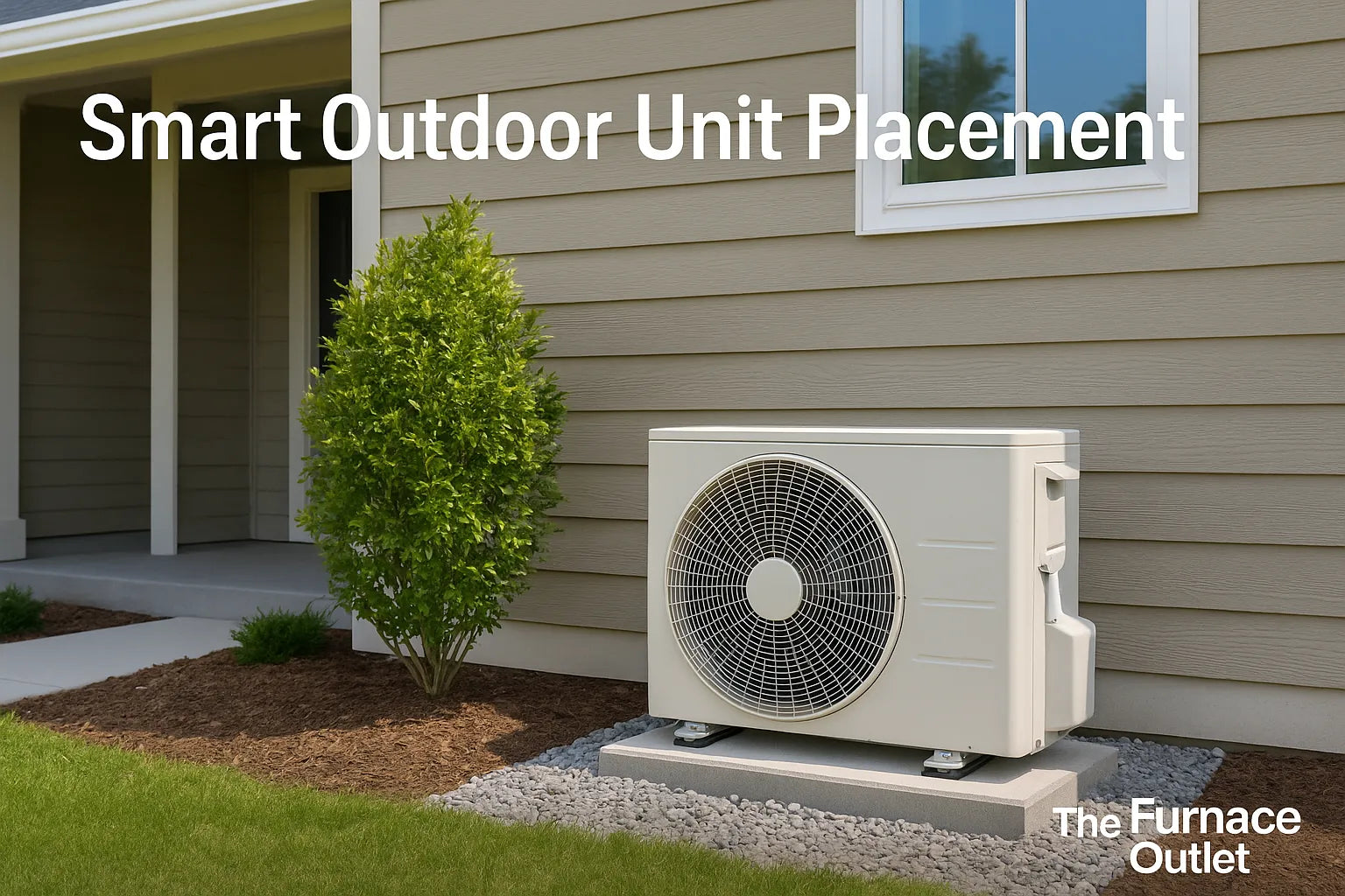 Modern home with mini-split outdoor unit installed on a level pad with proper clearance, shading, and clean surroundings.