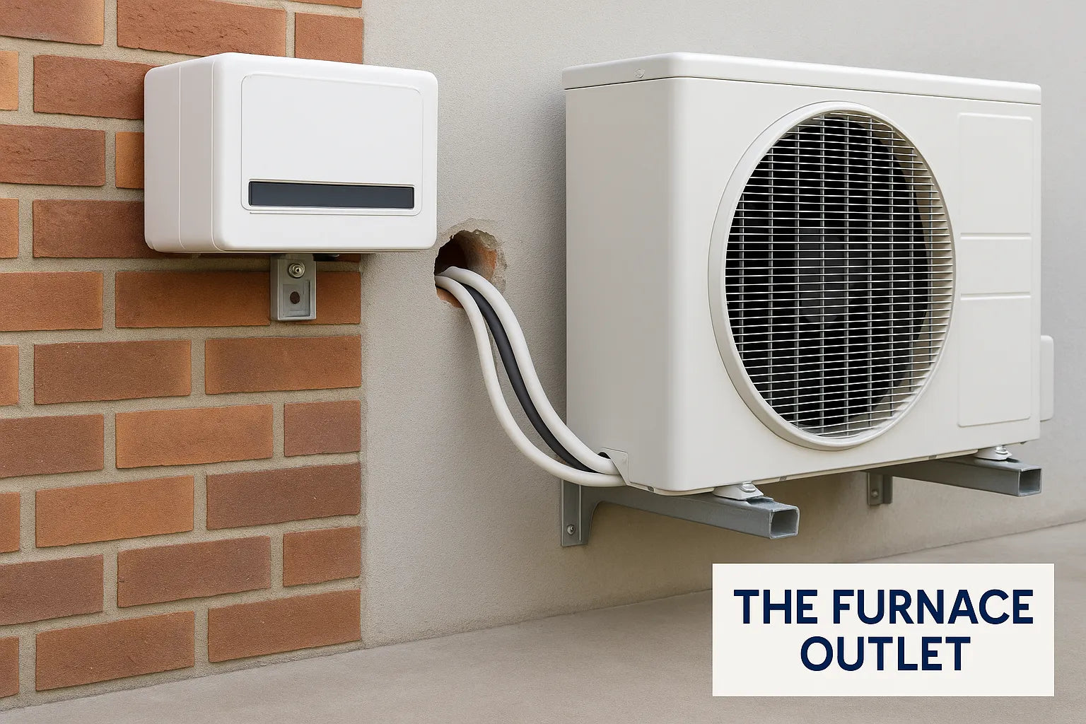 Mini split outdoor unit mounted on concrete with sealed line-set through brick wall, branded for The Furnace Outlet