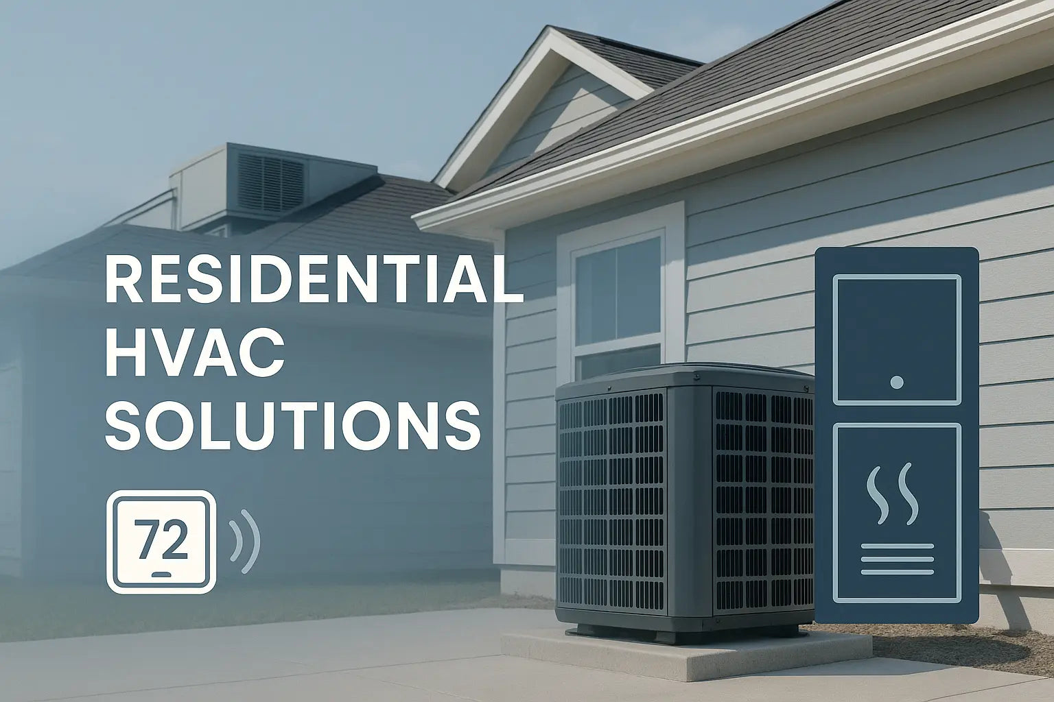 Modern American home exterior with rooftop AC unit and furnace graphic overlay, representing energy-efficient HVAC sizing.