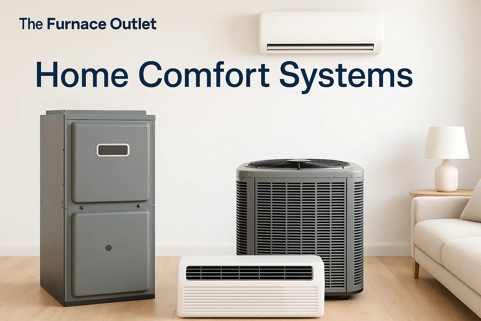 Modern HVAC systems including mini-split, PTAC, and central AC unit in a clean, sunlit living space branded for The Furnace Outlet.