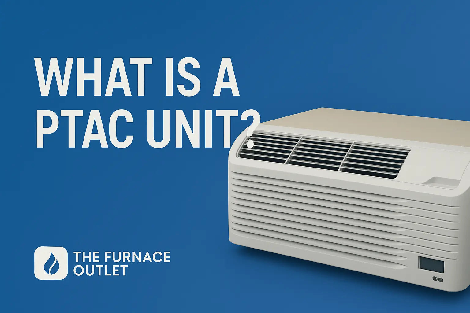 Modern PTAC unit displayed on a clean blue background, showcasing its sleek design and vent structure, styled in The Furnace Outlet’s