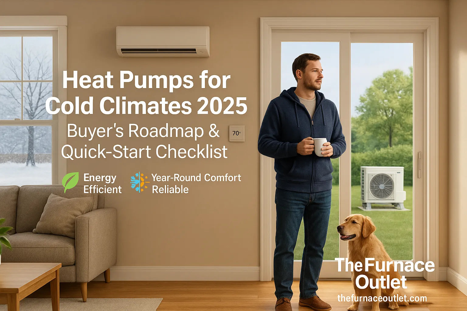Modern U.S. home hero showing winter-to-summer comfort with a heat pump, homeowner and dog, highlighting efficiency and reliability.
