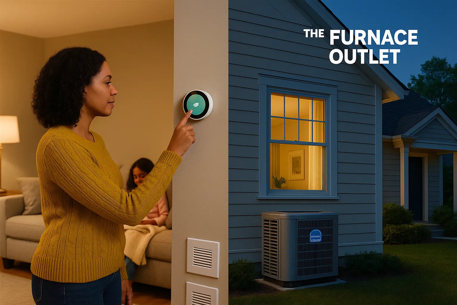 Modern U.S. home showing cozy indoor thermostat control and outdoor heat pump—conveying energy-efficient, reliable comfort from The Furnace Outlet.