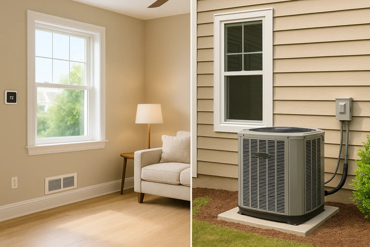 Modern U.S. home with central AC condenser and smart thermostat, representing efficient, reliable cooling and comfort.