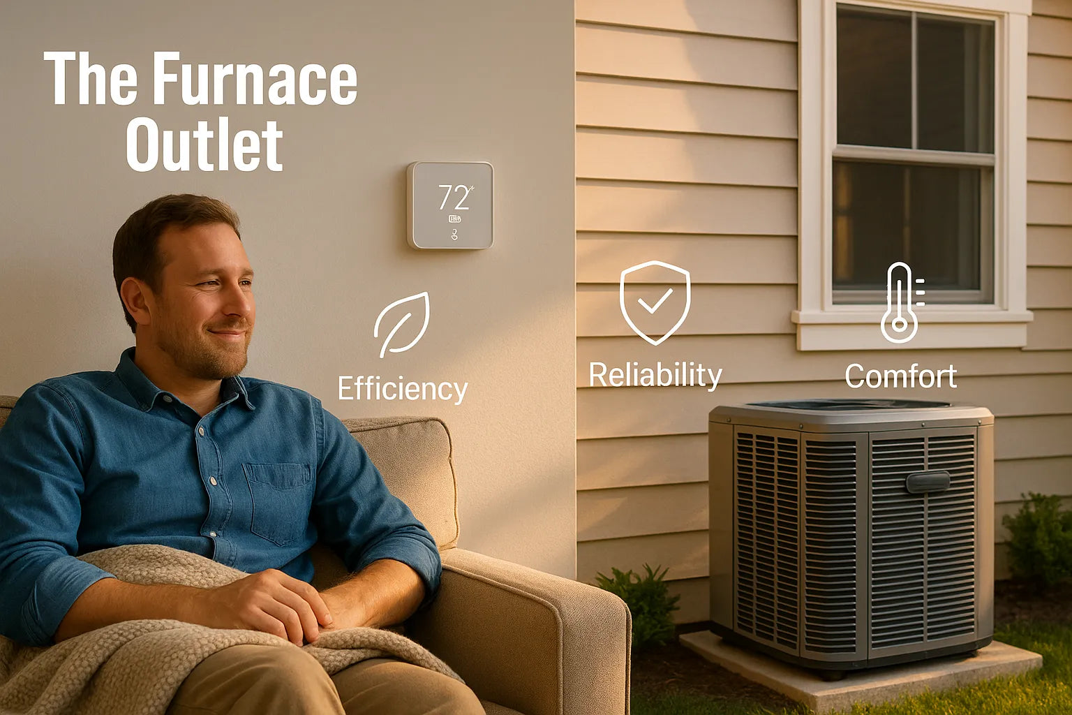 Modern U.S. home with cozy living room and outdoor HVAC unit, conveying energy-efficient, reliable, comfortable heating and cooling.
