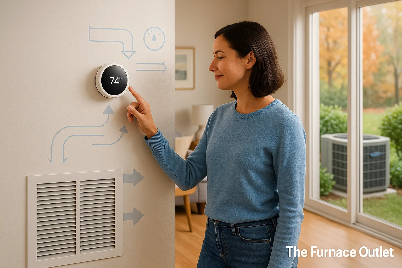 Modern U.S. home with homeowner adjusting a smart thermostat, return grille and outdoor heat pump visible—conveying energy-efficient, reliable heating and cooling by The Furnace Outlet.