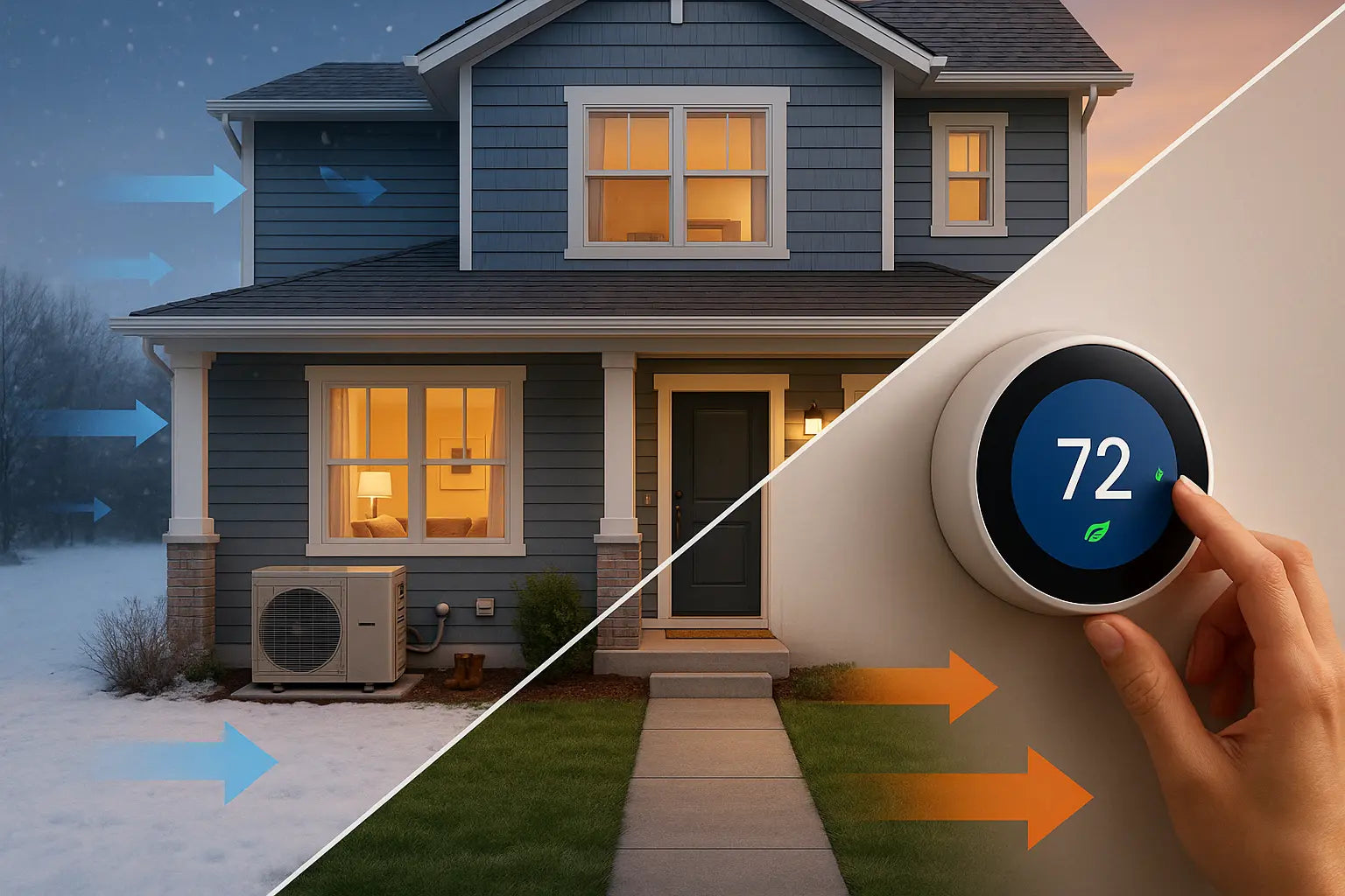 Modern U.S. home with winter–summer split, smart thermostat at 72°F, and efficient outdoor HVAC unit conveying comfort, reliability, and energy savings.