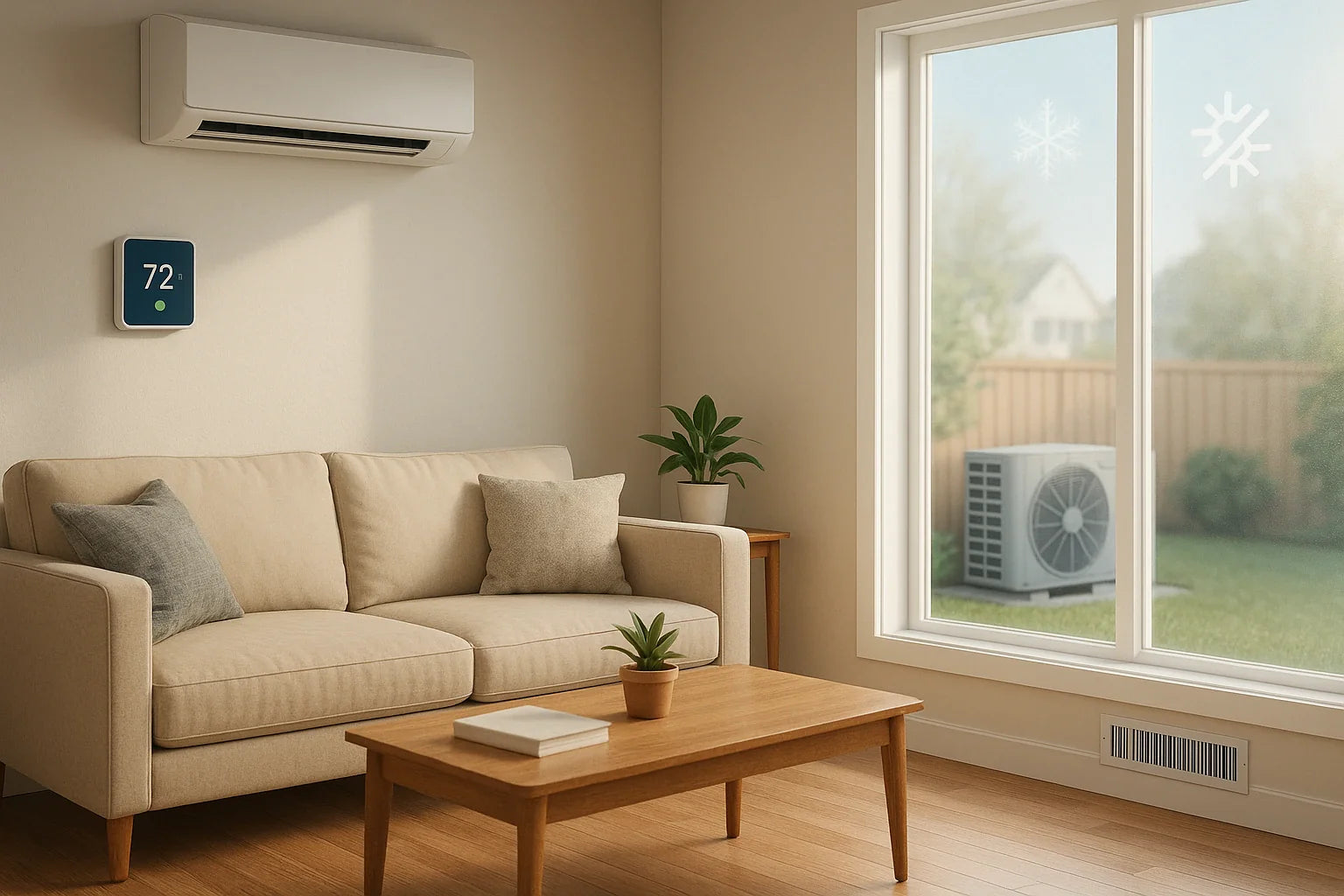 Modern U.S. living room with smart thermostat and mini-split heat pump, illustrating efficient heating and cooling for trustworthy home comfort.