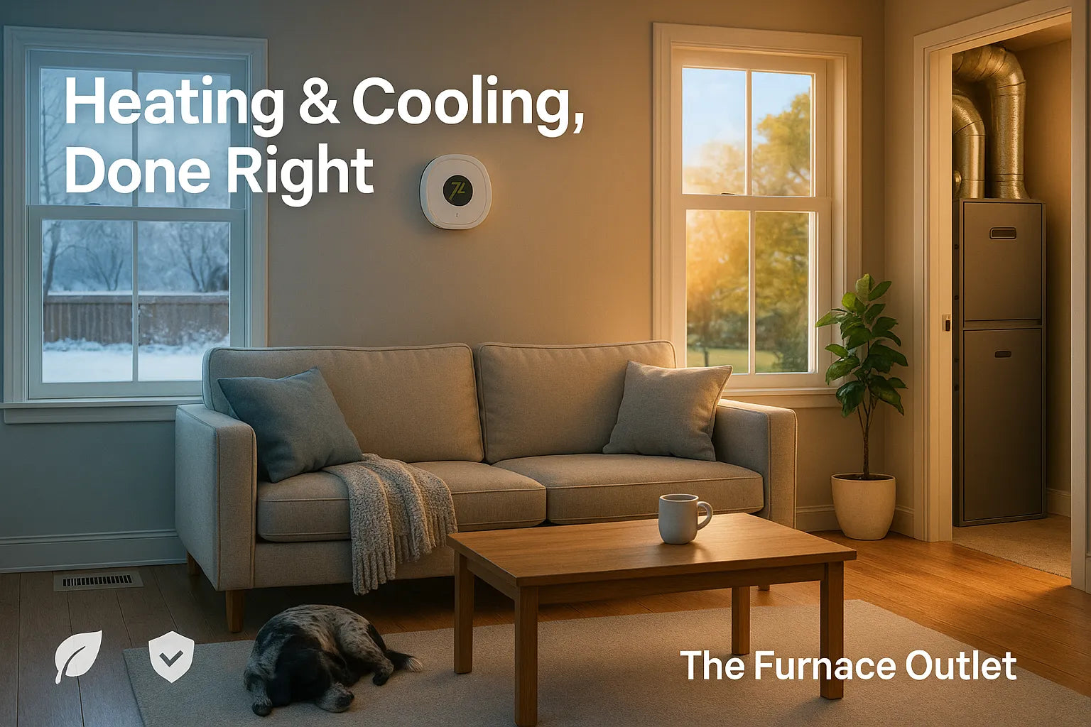 Modern U.S. living room with warm-and-cool seasonal lighting, smart thermostat, and a clean furnace closet—conveying efficient, reliable home heating and cooling by The Furnace Outlet.