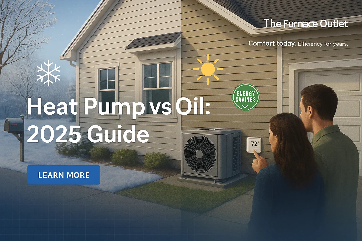 Modern U.S. suburban home with a cold-climate heat pump illustrating winter–summer comfort and energy-efficient HVAC from The Furnace Outlet.