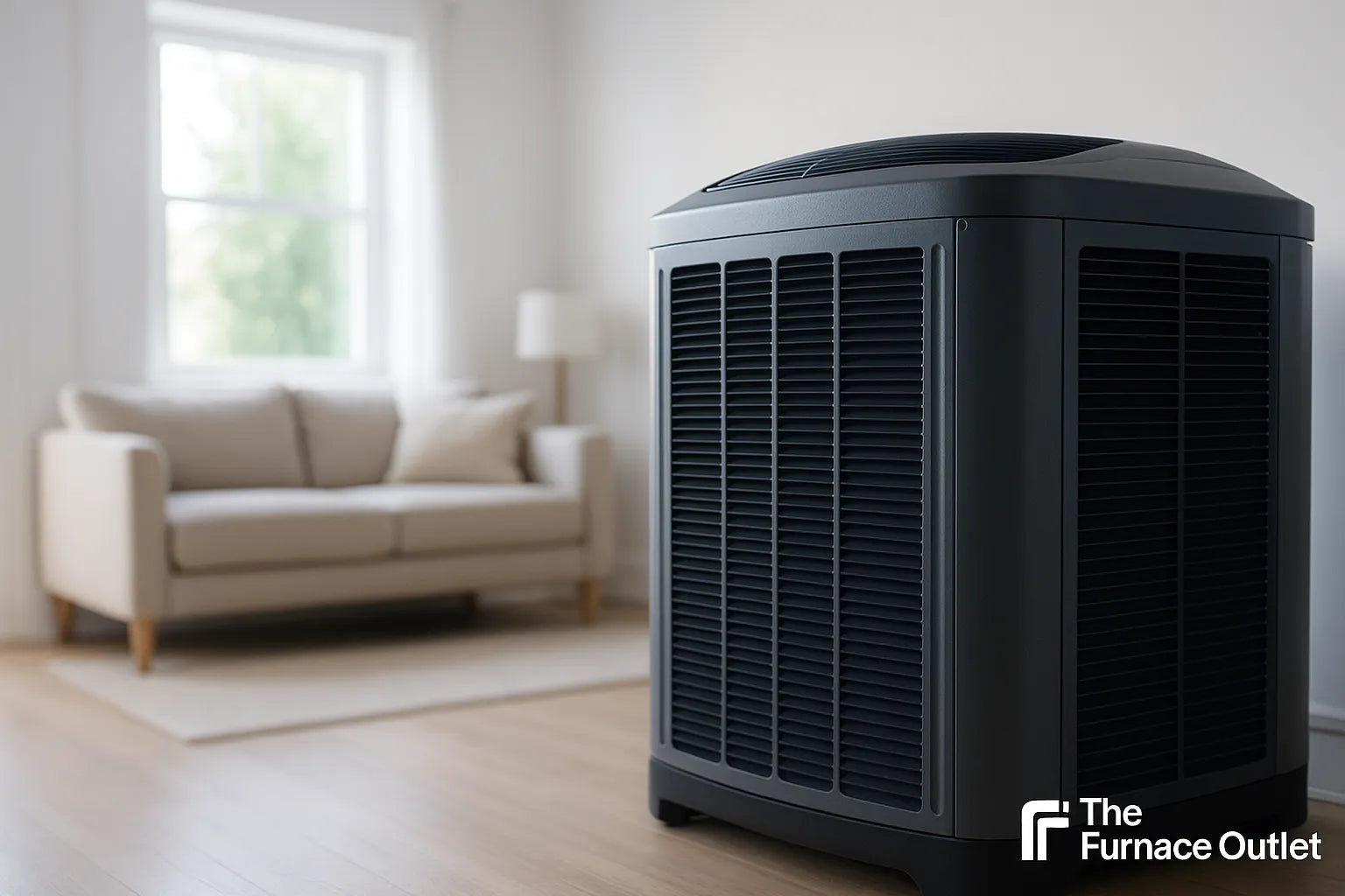 Modern central‑air unit in a bright, minimalist living room with “The Furnace Outlet” logo in the lower‑right corner, conveying clean, energy‑efficient comfort.
