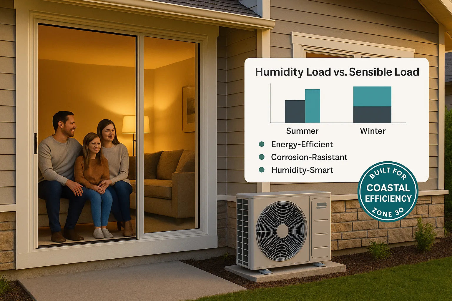 Modern coastal home with energy-efficient HVAC system built for humid marine climate comfort
