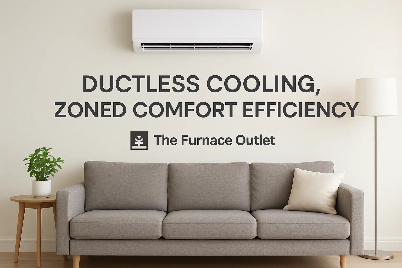 Modern ductless mini-split HVAC system installed on a living room wall, showcasing efficient zoning and clean aesthetics, representing The Furnace Outlet