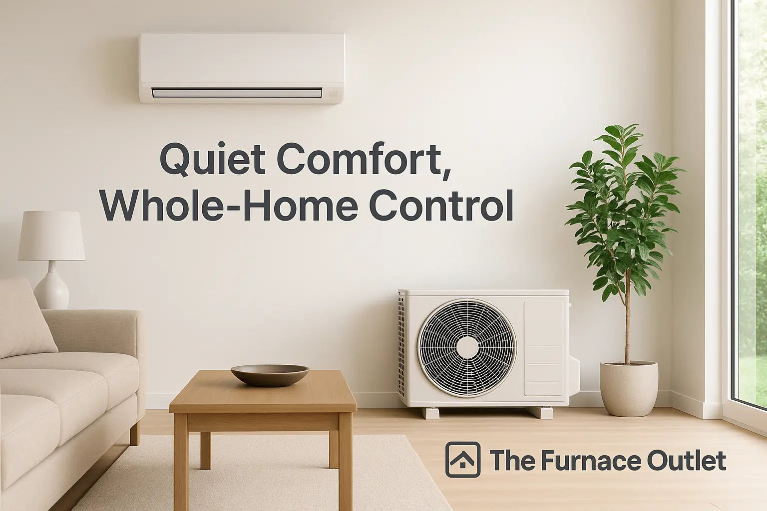 Modern ductless mini-split system installed in a bright, comfortable living room, showcasing quiet and efficient whole-home climate control by The Furnace Outlet.