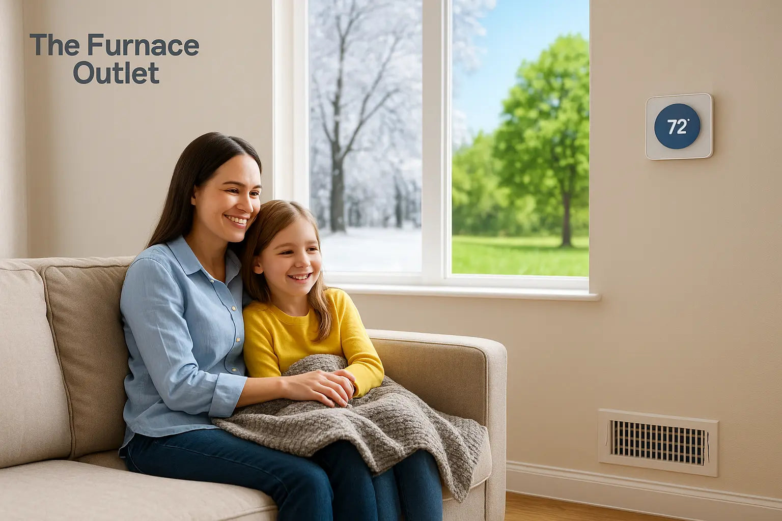 Modern family living room with smart thermostat showing 72°, illustrating The Furnace Outlet’s energy-efficient heating and cooling.