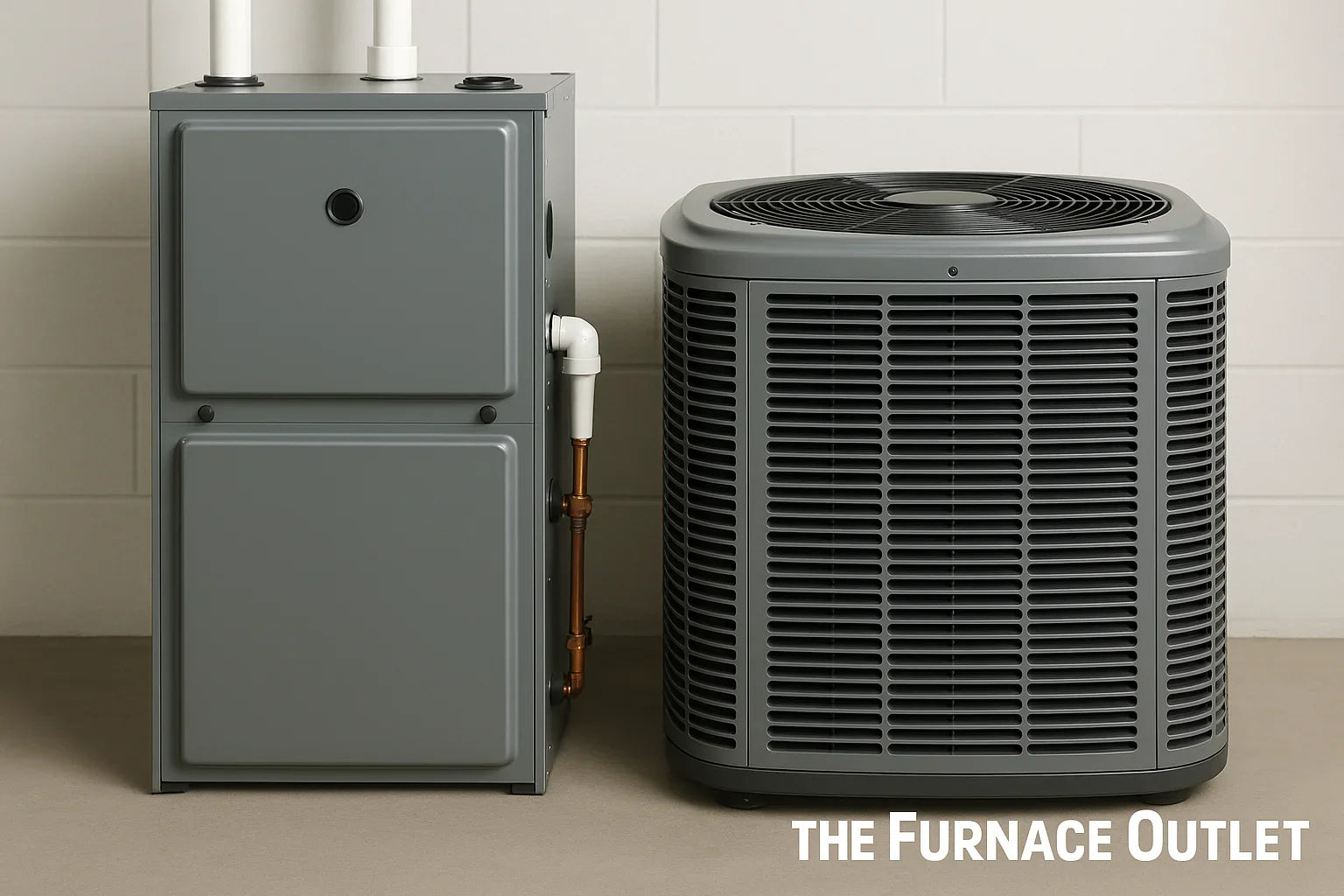  Modern gray furnace and matching air conditioning unit side by side in a clean indoor setting