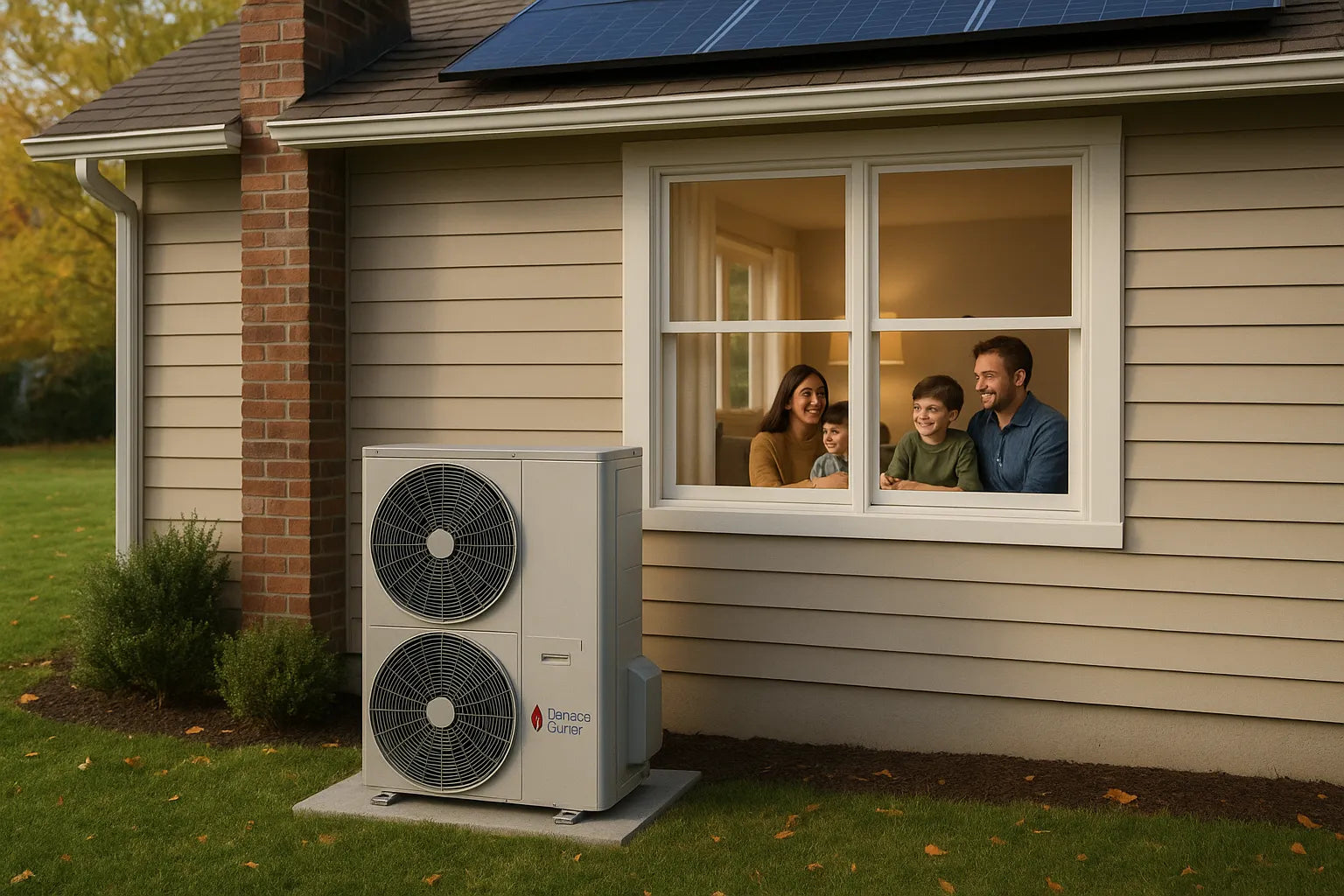 Modern heat pump outside a suburban home with a smiling family indoors, highlighting comfort and energy efficiency.