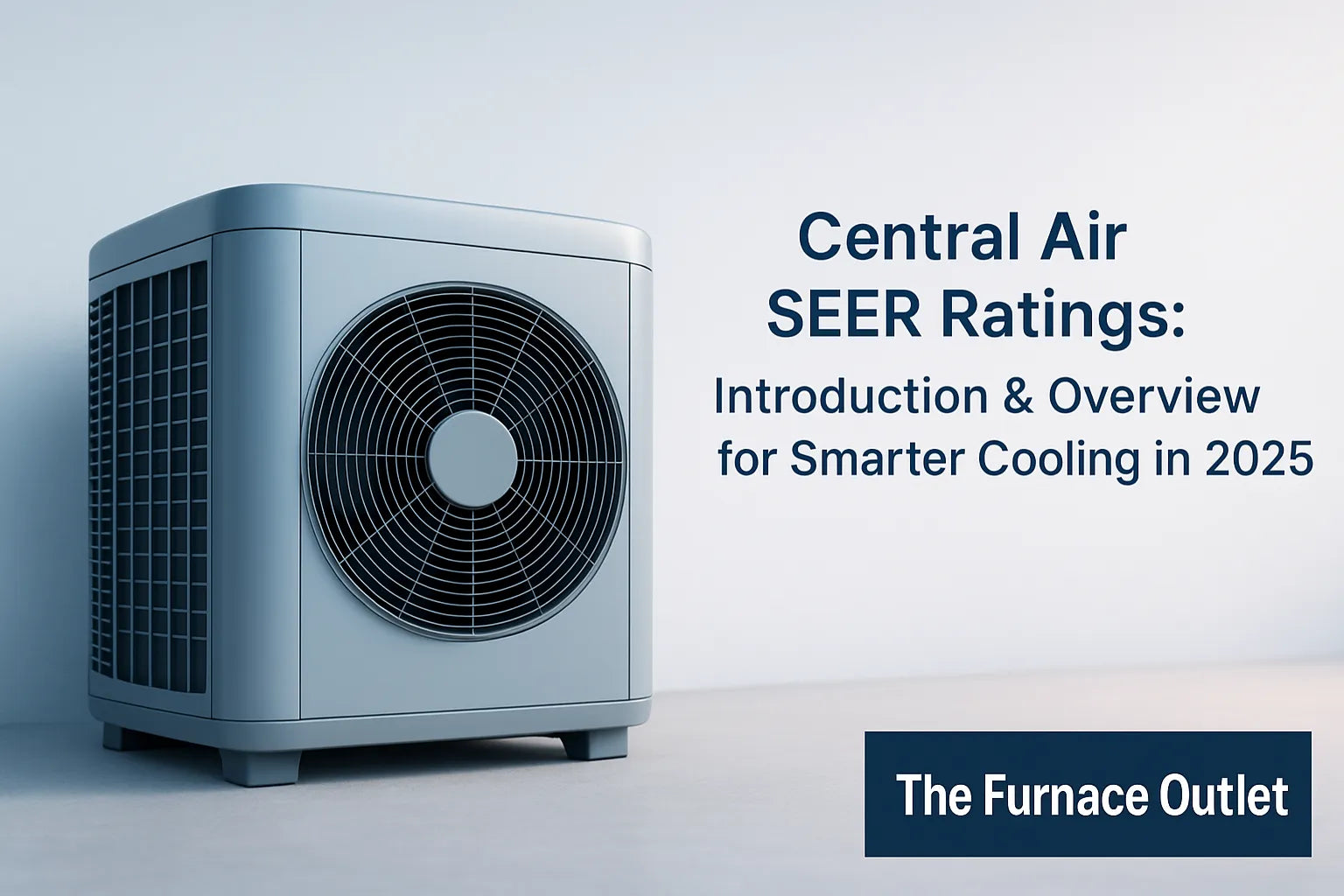 Modern hero image of a sleek central air‑conditioning unit with “The Furnace Outlet” branding, illustrating smarter 2025 SEER‑rating efficiency