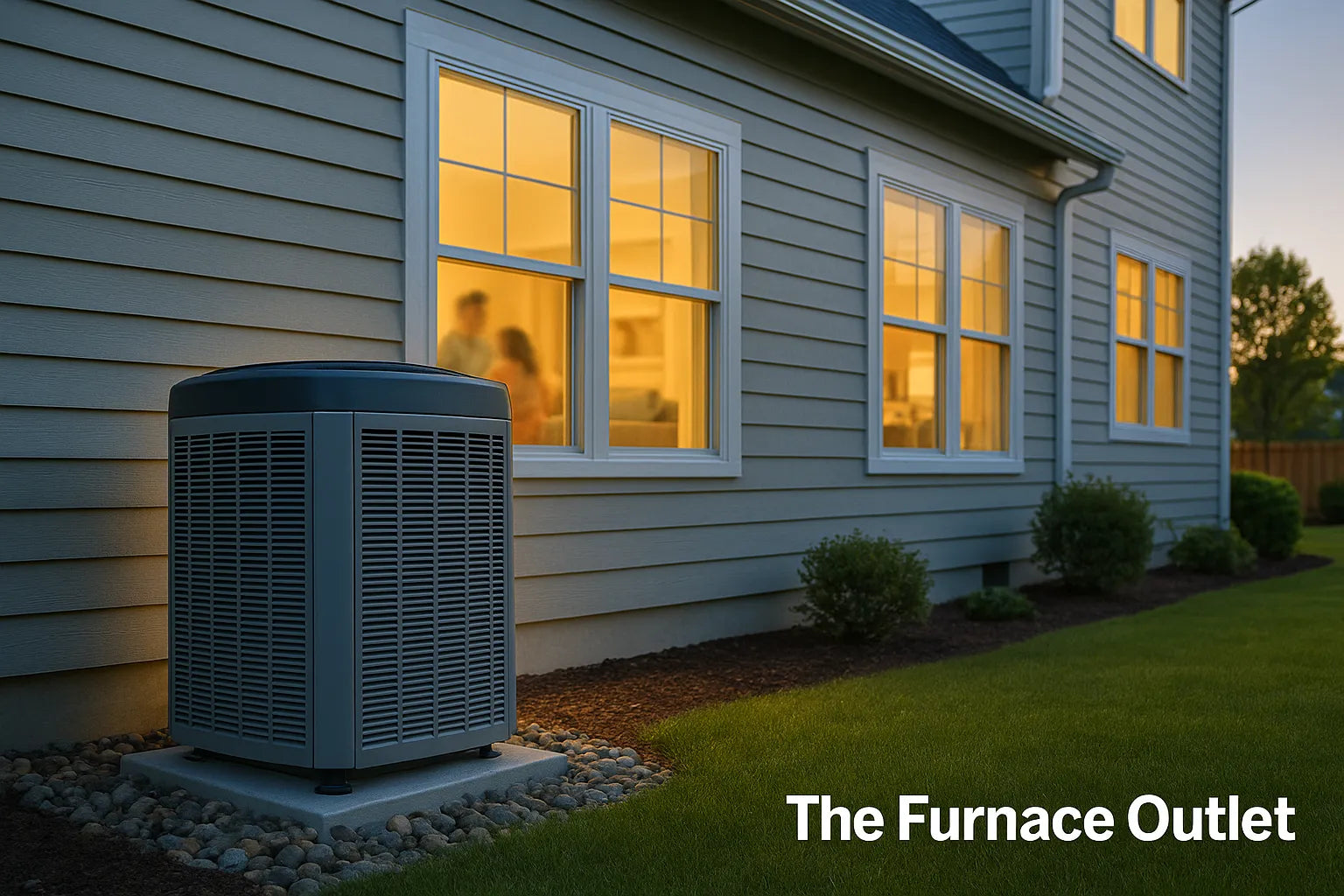 Modern home at sunset with high-efficiency AC condenser and subtle “The Furnace Outlet” branding in bottom-right corner.
