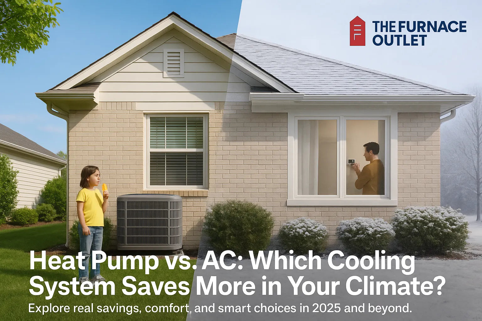 Modern home split into winter and summer scenes, highlighting HVAC efficiency and comfort.