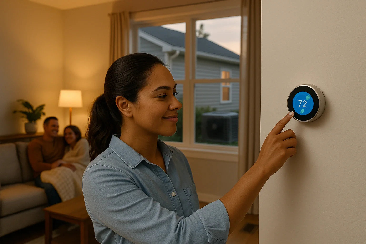 Modern homeowner adjusting a smart thermostat in a cozy living room with an outdoor AC unit visible, signaling efficient, reliable home heating and cooling.