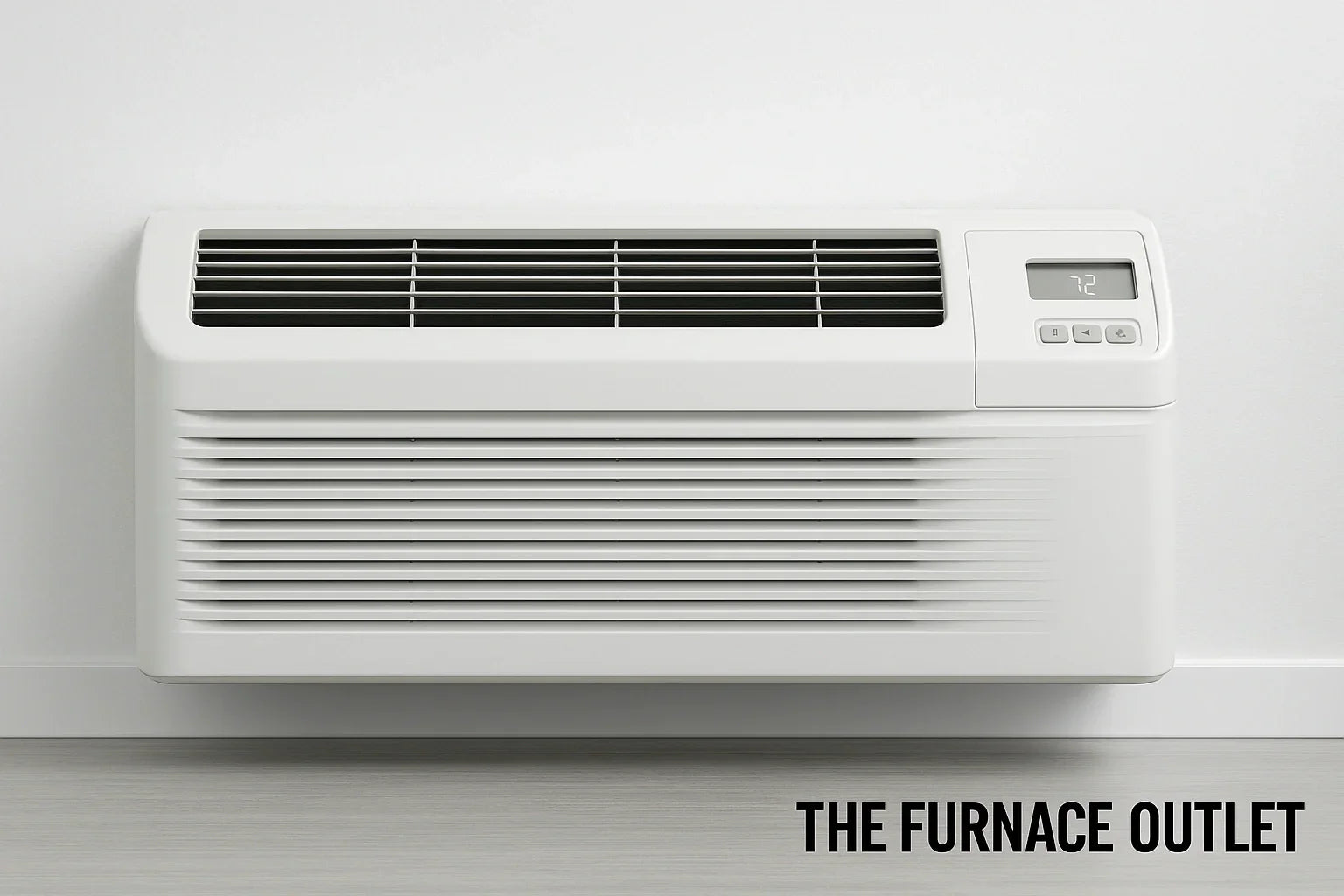 Modern living room split-view showing window and wall air-conditioners with moisture icons, branded “The Furnace Outlet.”