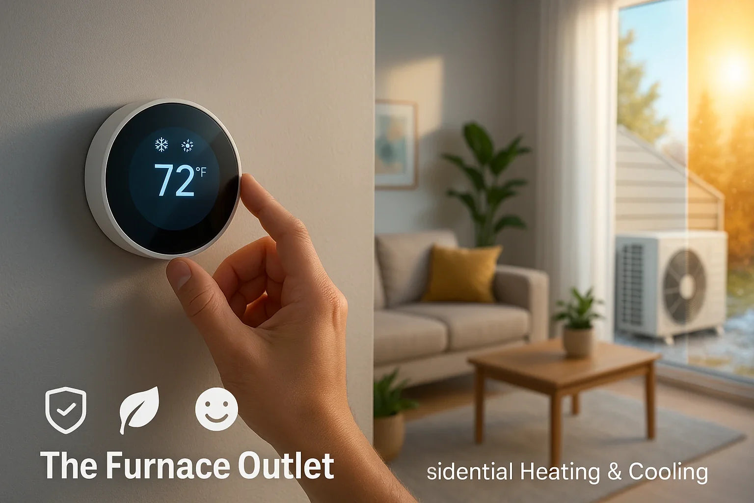 Modern living room with a smart thermostat set to 72°F and a heat pump visible outside, conveying energy-efficient heating and cooling by The Furnace Outlet.