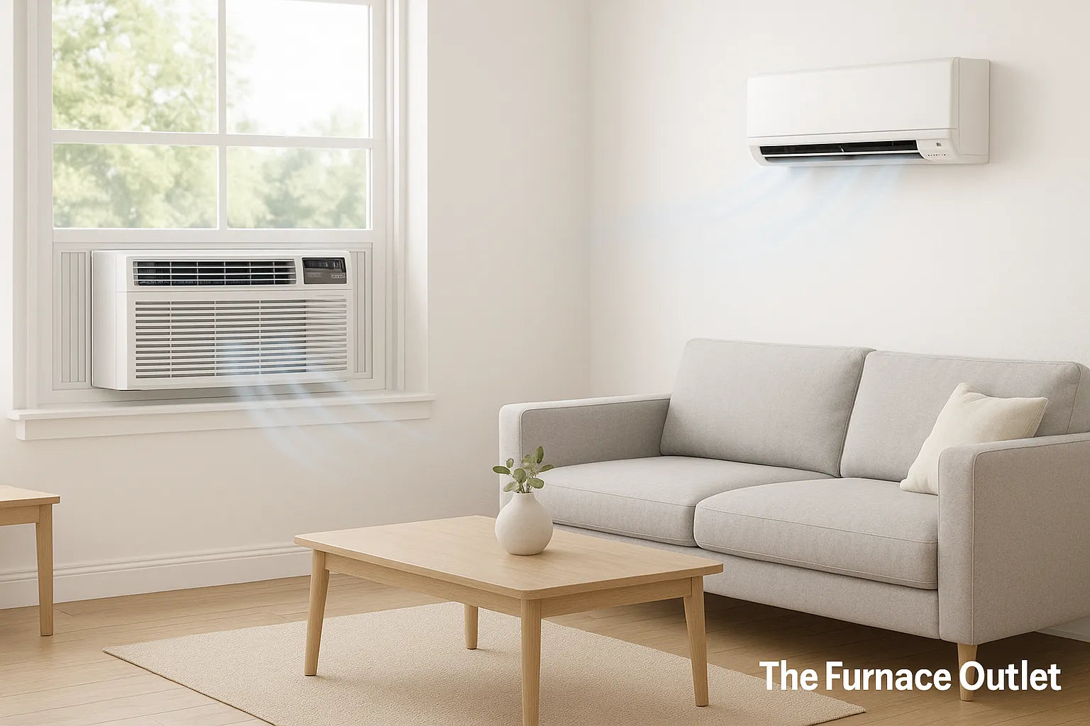 Modern living room with both a window AC and a through-the-wall AC quietly cooling the space, “The Furnace Outlet” branding in the corner.