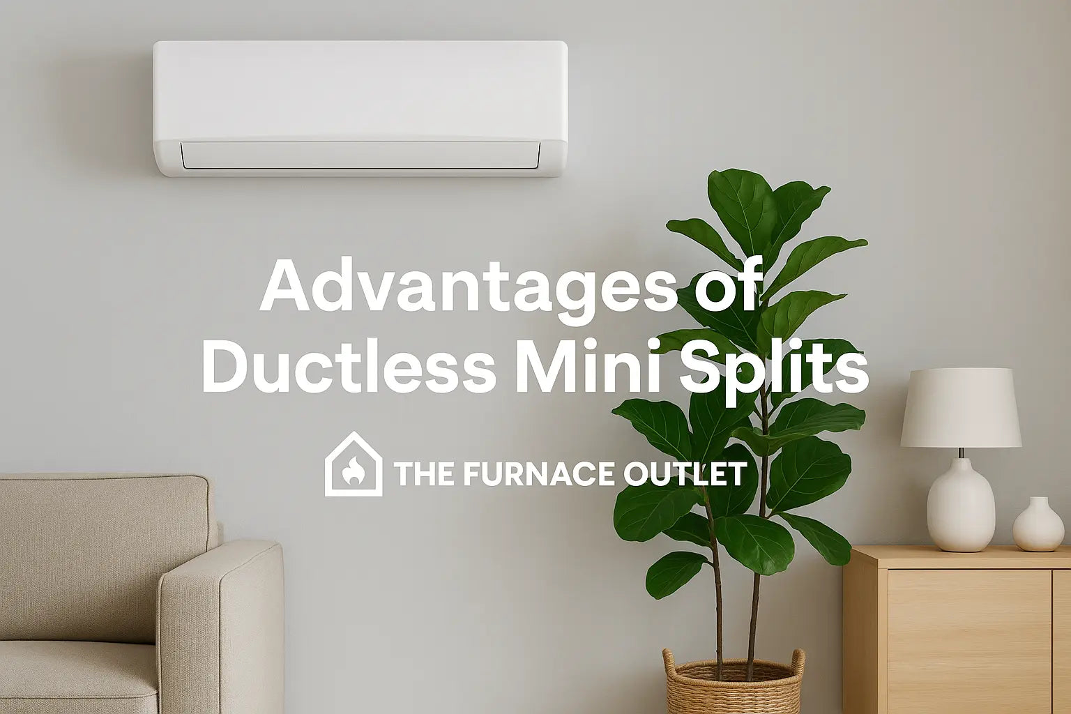 Modern living room with ductless mini-split AC on wall, beige sofa, green indoor plant, and minimalist decor, branded for The Furnace Outlet.