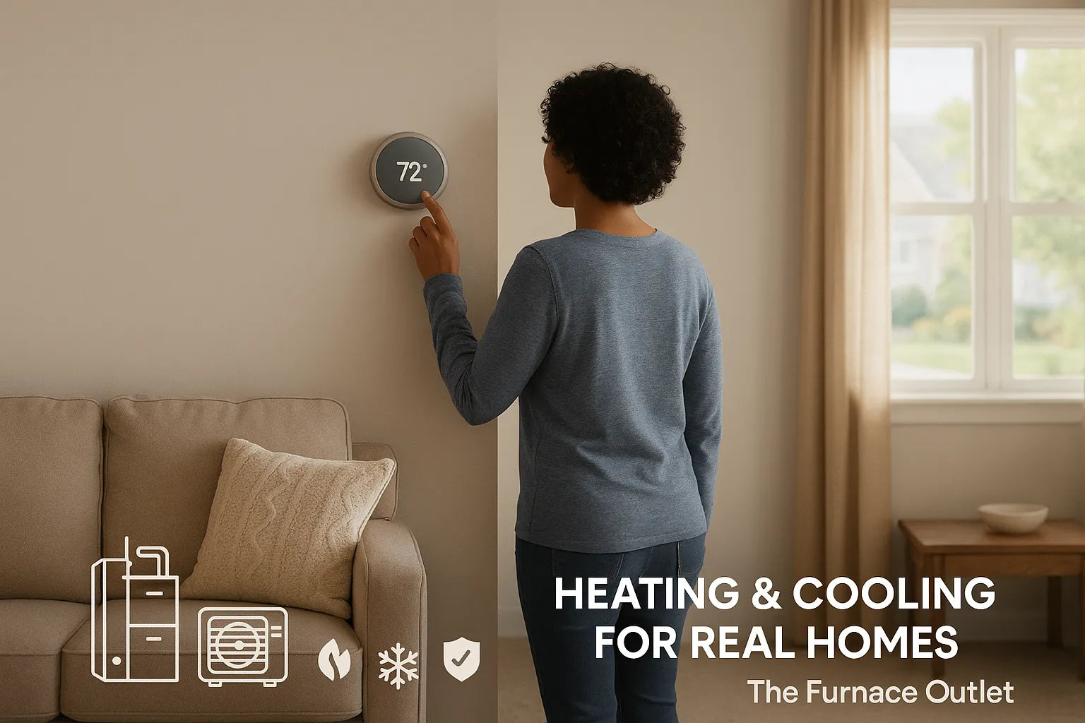 Modern living room with homeowner adjusting a smart thermostat, conveying energy-efficient heating and cooling by The Furnace Outlet.