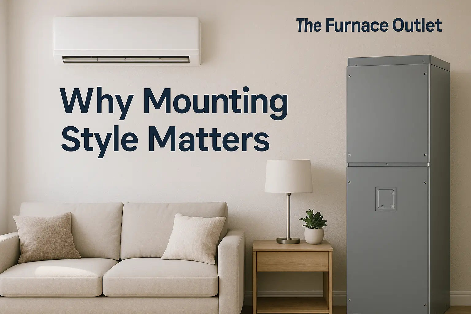 Modern living room with wall-mounted mini-split and central HVAC unit from The Furnace Outlet.