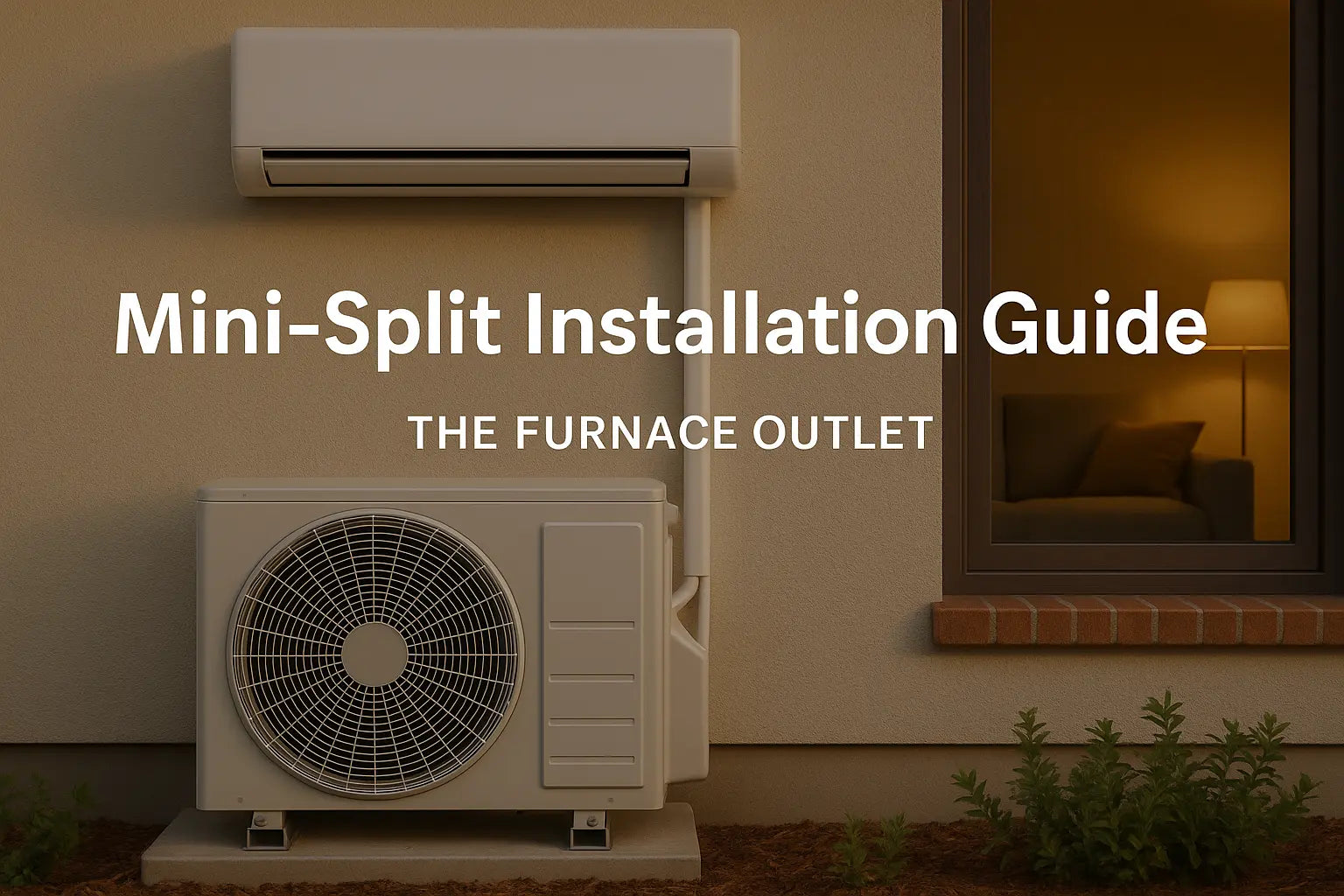 Modern mini-split HVAC system installed on a contemporary home exterior with warm lighting, showing both indoor and outdoor units.