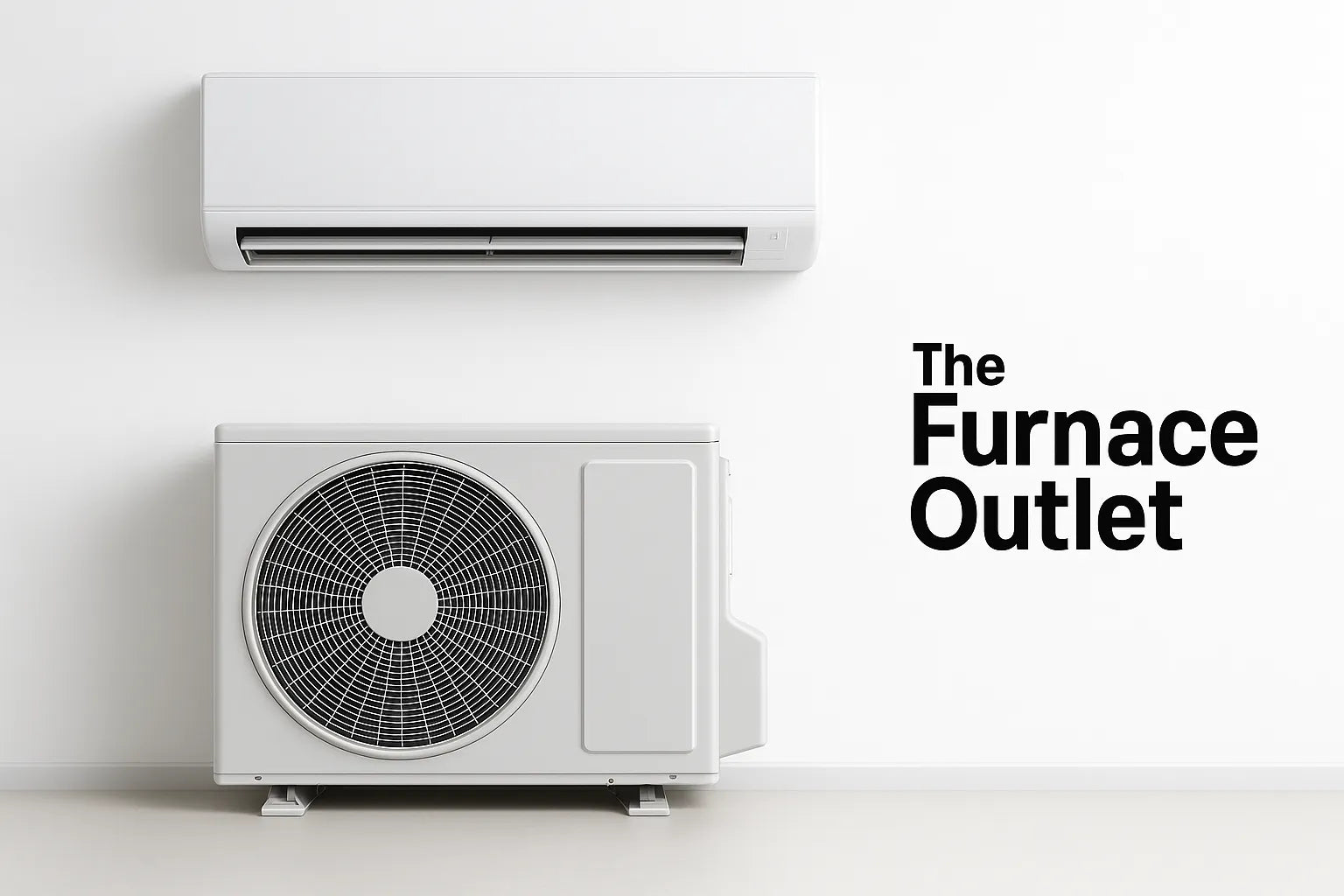 Modern mini-split heat pump system with indoor and outdoor units mounted on a clean white wall, branded for The Furnace Outlet.