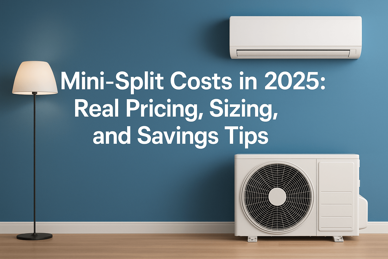 Modern room with a wall-mounted mini-split indoor unit and outdoor condenser, alongside a standing lamp, representing mini-split installation cost and energy-saving tips for 2025.