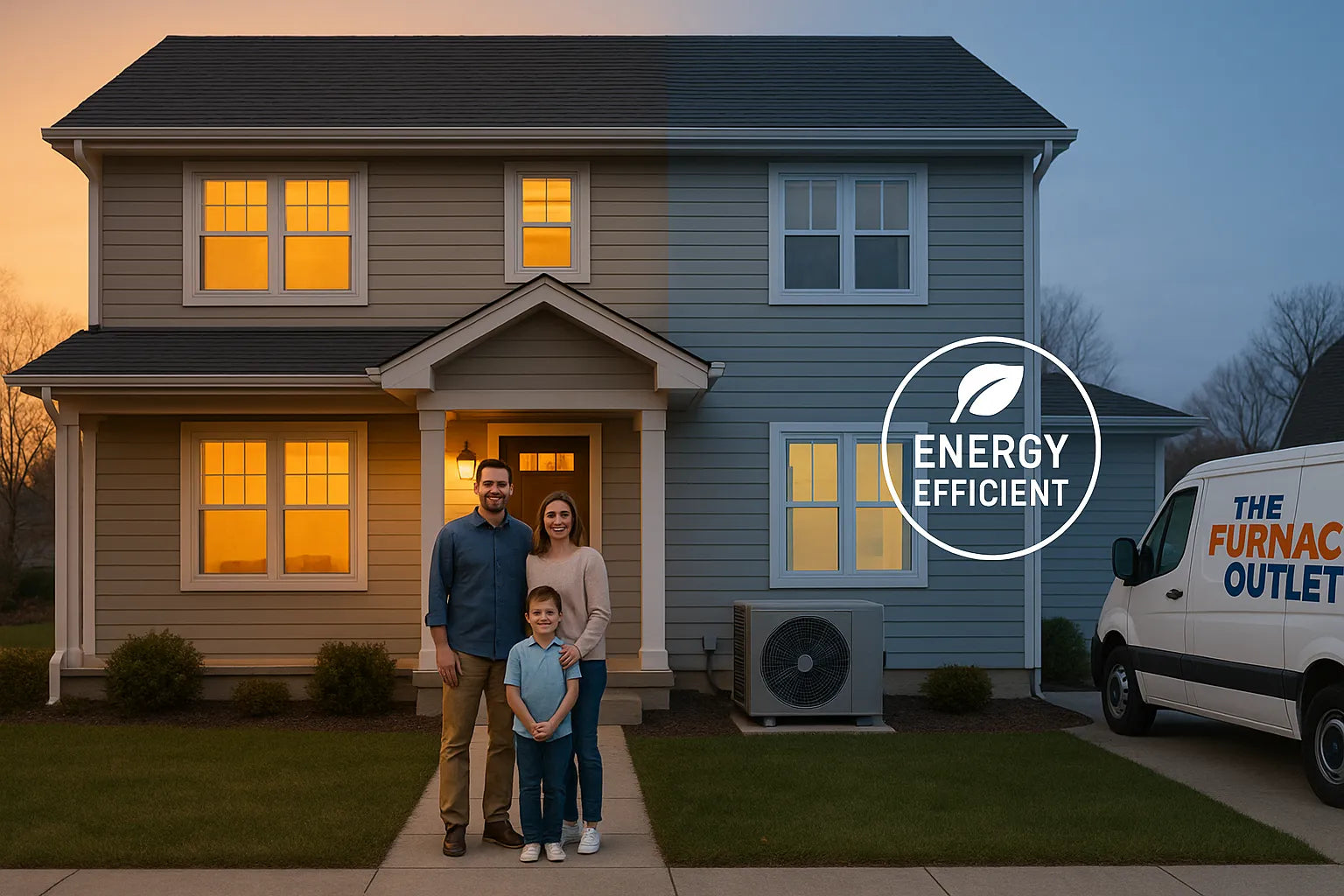 Modern suburban family home split into warm and cool tones, showcasing an energy‑efficient heat pump and The Furnace Outlet branding for reliable residential HVAC