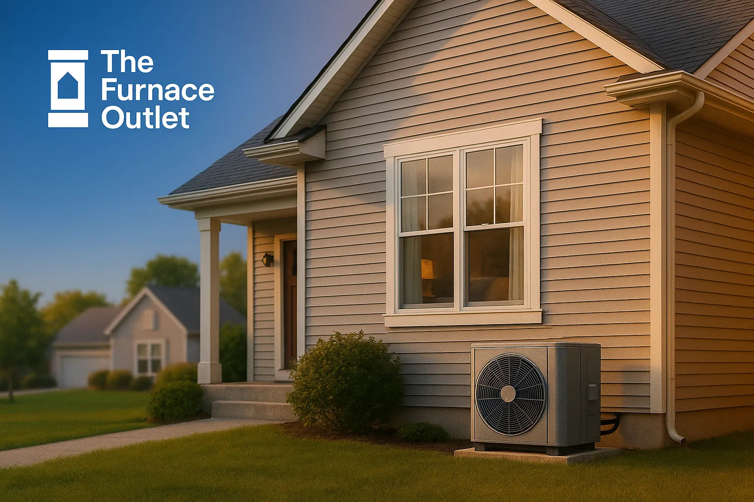 Modern suburban home with energy-efficient HVAC unit outside, conveying year-round comfort and reliability for The Furnace Outlet.