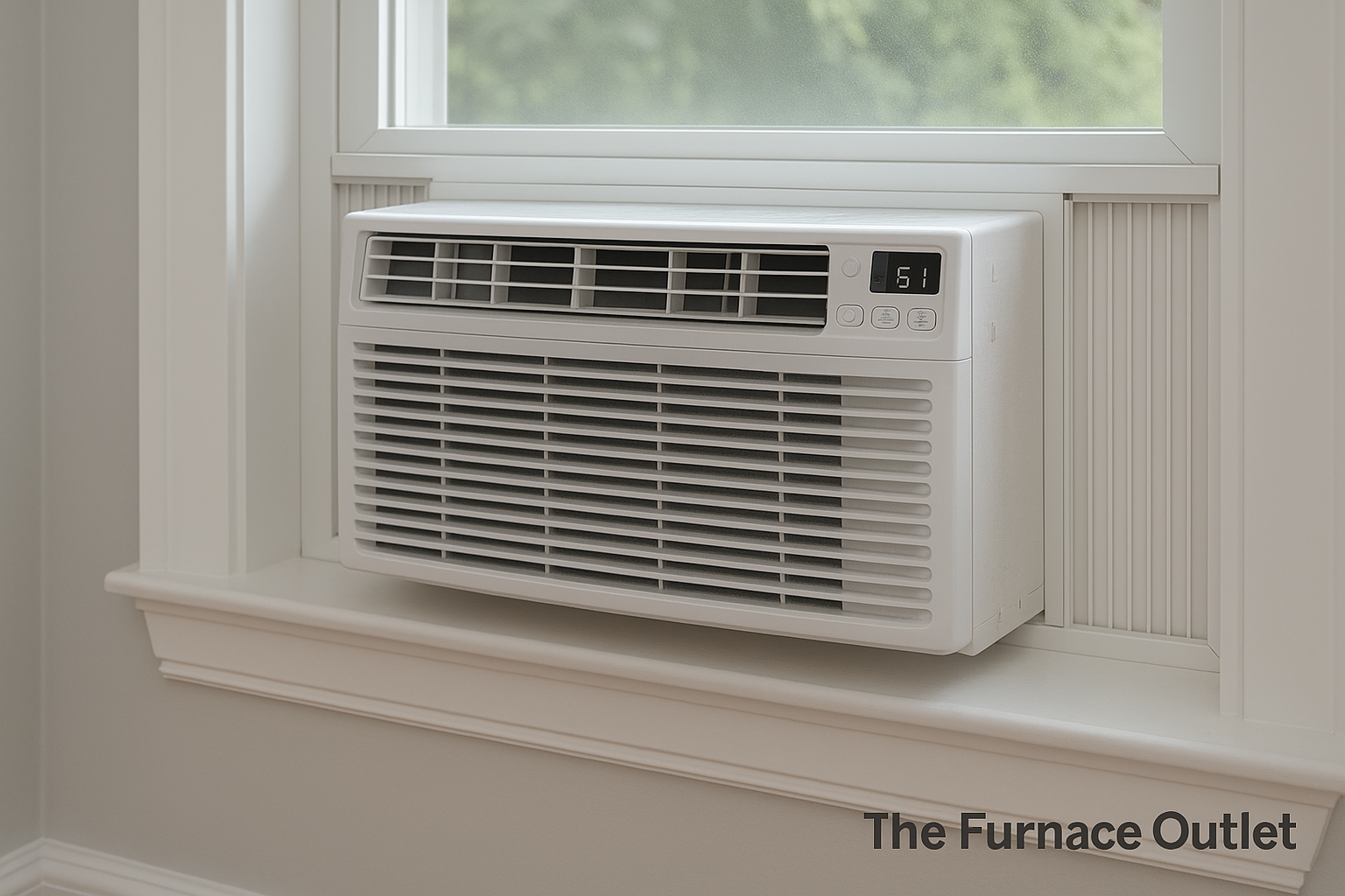 New window air conditioner installed in a clean white framed window inside a bright room.