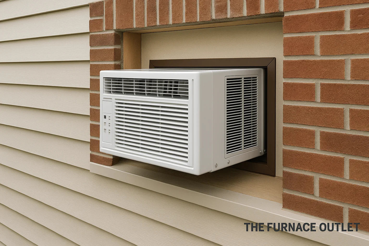 Newly installed through the wall air conditioner with brick and siding exterior