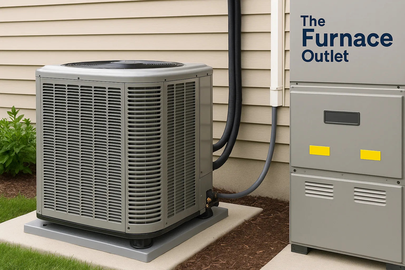 Outdoor AC condenser and indoor furnace unit professionally installed beside a home, labeled with The Furnace Outlet branding.