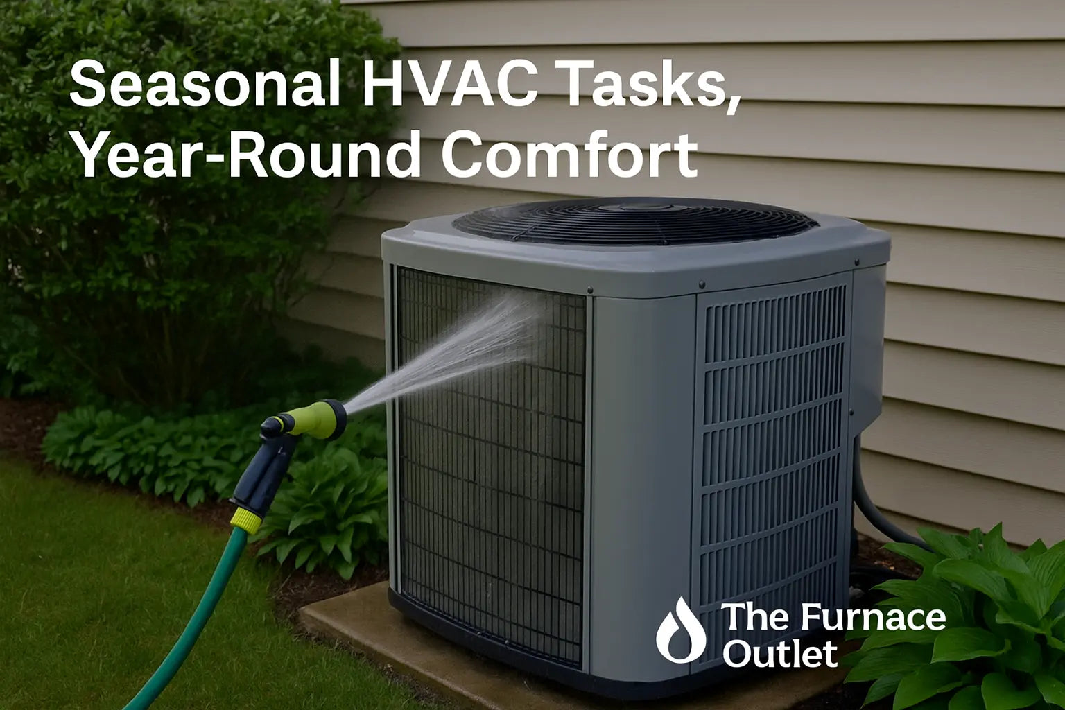 Outdoor HVAC condenser unit being cleaned with garden hose, surrounded by trimmed plants and clear spac