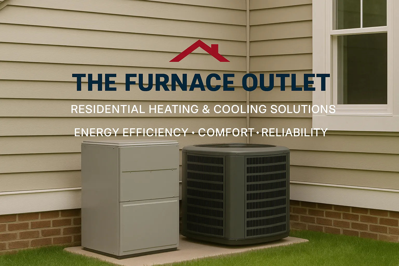 Outdoor HVAC units beside a suburban home promoting The Furnace Outlet’s heating and cooling solutions.