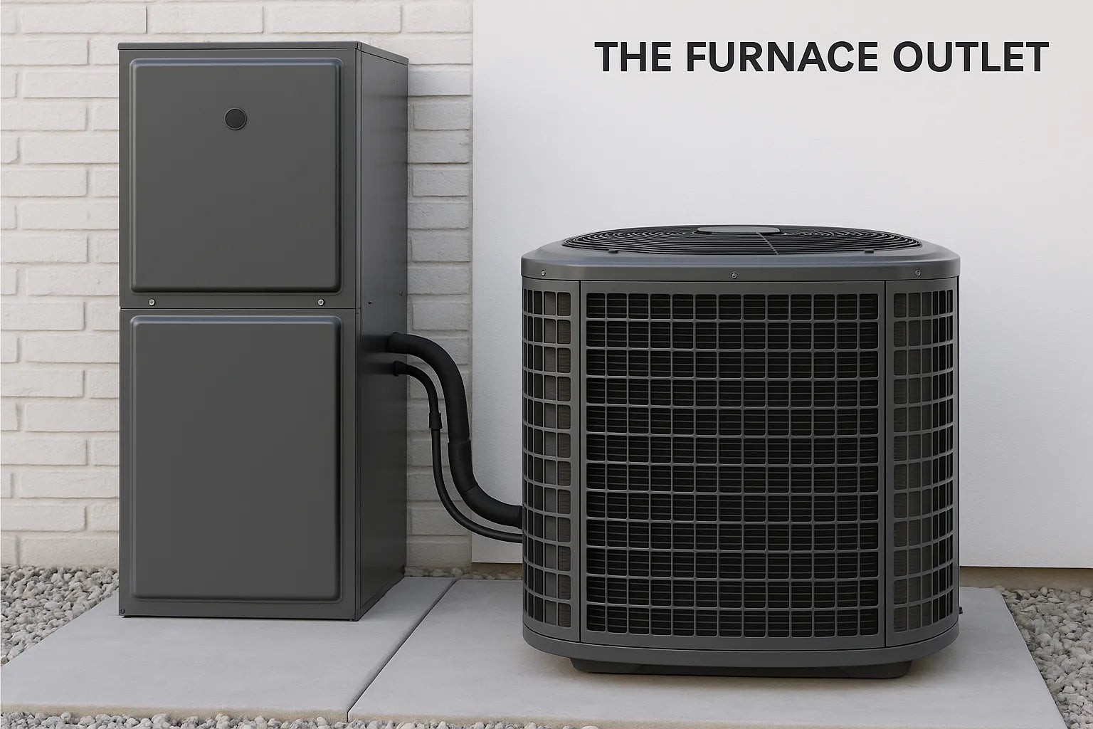 Outdoor air conditioner and indoor furnace system installed on a concrete pad against a clean brick and white wall, branded with “The Furnace Outlet