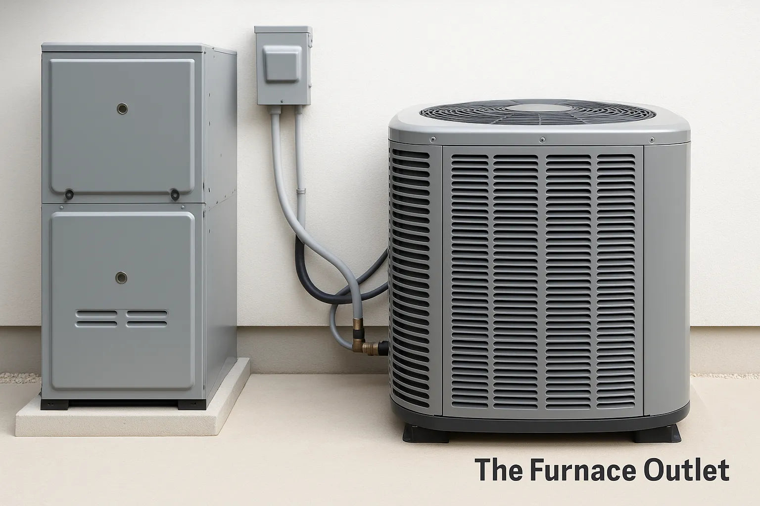 Outdoor central AC condenser and furnace system professionally installed against a white exterior wall with The Furnace Outlet logo in corner.